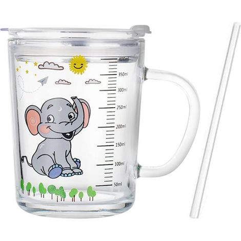 Tazza per bambini con cannuccia, coperchio e manico, 35 cl, carina, in vetro, con graduazioni per acqua, tè, latte, caffè (Elefante)