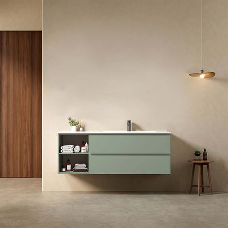 Mobile bagno sospeso 140 cm Verde Salvia Lavabo a Destra in Resina Senza Specchio - Fiji Paint Plus (1/4)