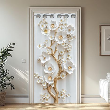 Embossed Style Door Curtain Flower Pattern Room Divider Curtain with Plastic Rings Folding Curtains for Cupboard Door Living Room 39x79 Inches (1/5)