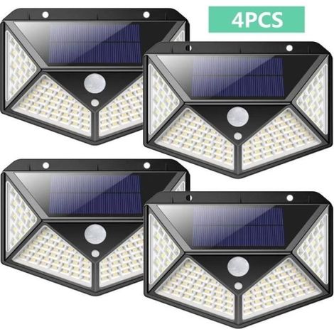 Lot de 4 lampes solaires d'extérieur - 100 LED - Détecteur de mouvement - Grand angle 270° - Étanche (1/5)