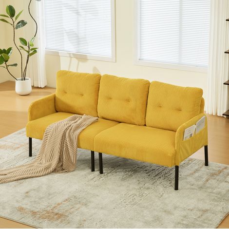 Canapé 3 places en velours côtelé jaune, rembourrage moelleux, poches latérales et pieds métalliques (1/5)