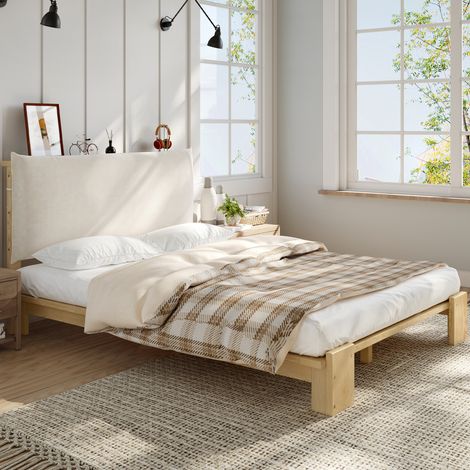 REDOM - Cama doble 140x200 cm cabecero acolchado con cierre de velcro, somier estable, patas anchas, madera, tejido, natural(Sin colchón) (1/5)