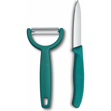 Victorinox Swiss Classic Coltello e pelaverdure, 2 pezzi, Lama extra-affilata, per frutta e verdura, Acciaio inossidabile, Verde (1/4)