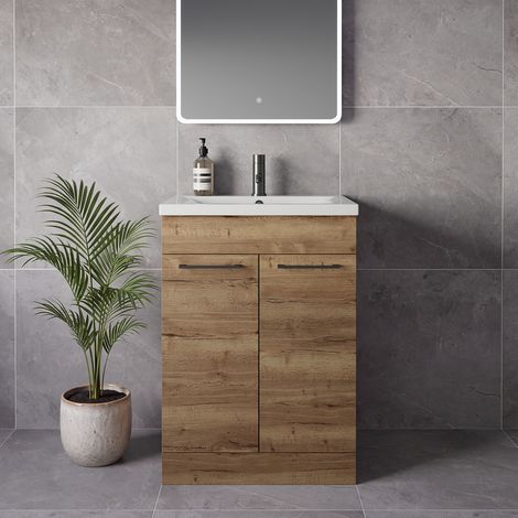 Napoli 460 Tobacco Oak 600mm 2 Door Vanity Unit with Glide Basin - 600mm - Gunmetal Grey 160mm Handle
