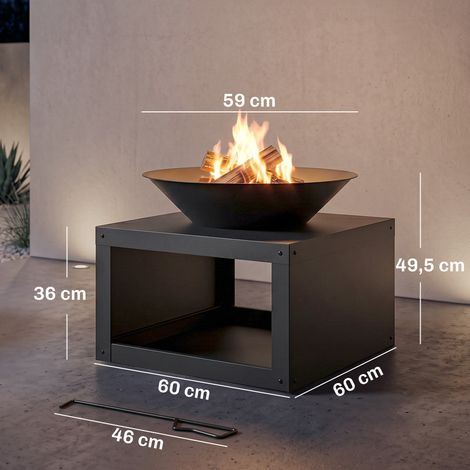 Feuerschale Ø59 cm Feuerstelle mit Holzablage, Schürhaken, Holz & Kohle nutzbar, Rund Schwarz (1/5)