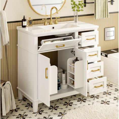 Mobiletto da bagno 90x46x87 cm, con 4 cassetti, doppia anta, lavabo in ceramica, bianco (1/5)