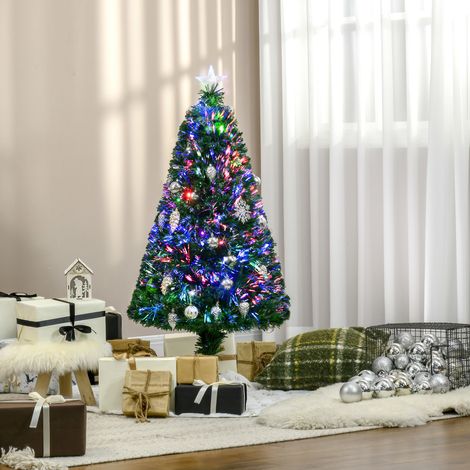 Árbol de Navidad artificial con luces, 120 cm de altura, fibra óptica LED multicolor + soporte, 130 ramas, estrella en la cima, verde brillante. (1/5)