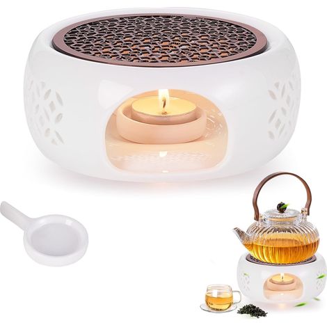 Ceramic Teapot Warmer, White Teapot Warmer with Candle Holder, Hollow Carved Design Tea Warmer to Keep Tea, Coffee or Milk Warm – White