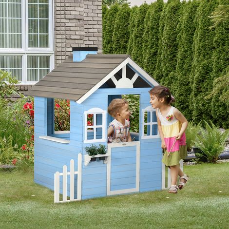 Spielhaus für Kinder von 3–7 Jahren mit Zaun, Blumentopf, Tür und Fenstern, aus Tannenholz, 151 x 112,5 x 142 cm, blau