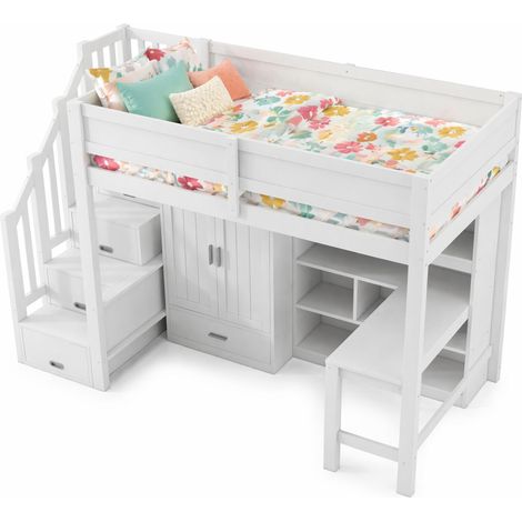 CHICFURN Letto a soppalco per bambini 90x200 cm bianco con scrivania, armadio e LED (1/5)
