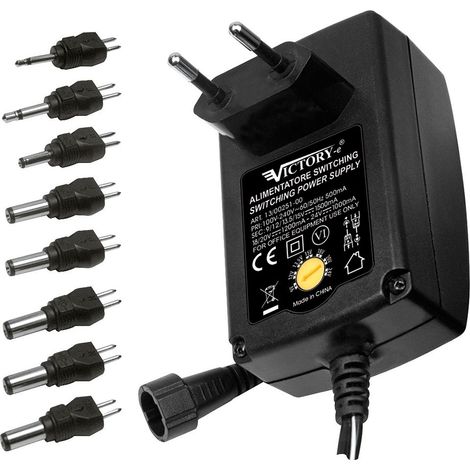 Alimentatore switching con tensione regolabile 9/12/13,5/15/18/20/24 Vdc 24W, 8 spinotti inclusi - Victory