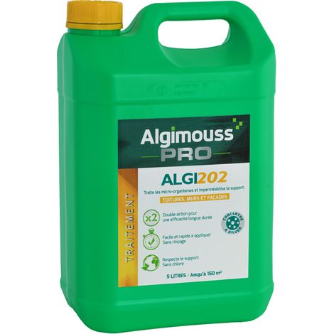 Algimouss – Traitement et imperméabilisant concentré 58001 – Antimousse pour toiture, mur et sol – Formule sans chlore, 5 litres (1/3)