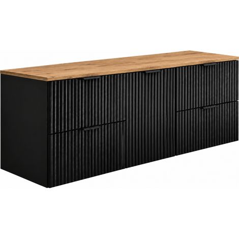 Mobile sottolavabo sospeso 160 cm, 4 cassetti, 1 anta, chiusura ammortizzata, Nero / piano Rovere Craft, maniglie nere, 160 x 46 x 57 cm (1/5)