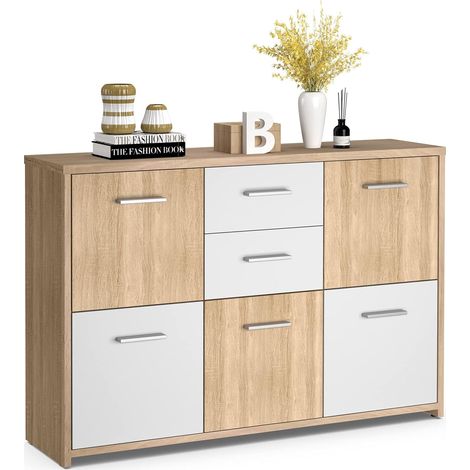 COSTWAY Armario Cajonera con 2 Cajones y 5 Puertas, Empuñaduras Cómodas y Pies Antideslizantes, Mueble Almacenaje Madera, Organizador de Madera para Salón Entrada Dormitorio (1/5)