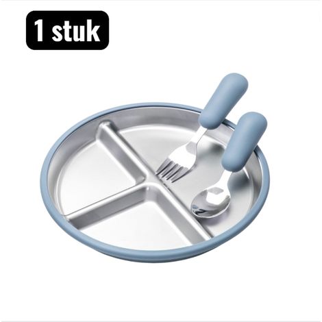 Service de table pour enfants 1 pièce en acier inoxydable 304 et silicone avec ventouse assiette bol et couverts antidérapants pour repas à la maison et en extérieur bleu (1/4)