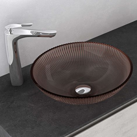 Mai & Mai Lavabo da Appoggio 40x40x12cm, Lavandino Bagno in Vetro Temperato Ovale Minerva06, Caffè (1/5)