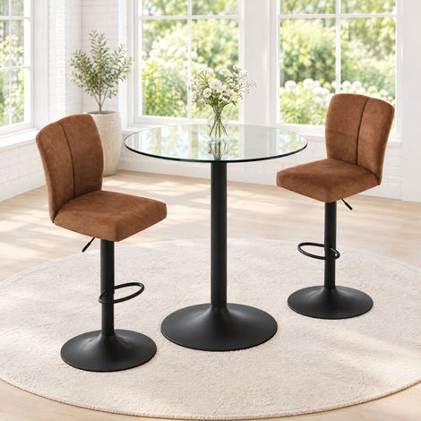 OKWISH Modernes Bartisch-Set mit 89-cm-Glastisch und 2 Drehhockern, Braun/Schwarz (1/5)