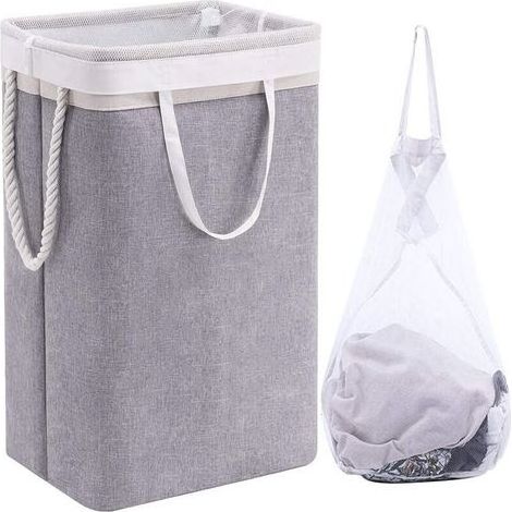 Grand Panier à Linge 60 x 41 x 31 cm , Sac à Linge Pliable avec Poignées en Corde Poubelle de Rangement Adaptée à la Chambre à Coucher la Buanderie Salle de Bain Beige+Gris (1/4)