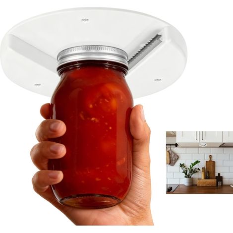 Ouvre-Bocal Sous Armoire pour Mains Faibles, Ouvre-Capsule Facile à Une Main avec Dents Antidérapantes Outil d’Ouverture Couvercle Bocal Gain Place pour Séniors Cuisine Salle à Manger (Blanc) (1/5)
