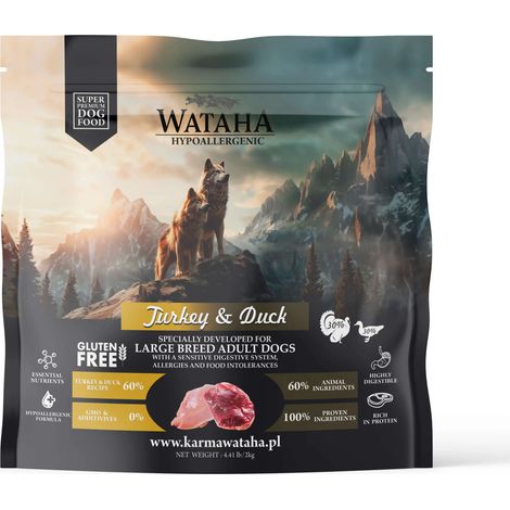 Aliment sec hypoallergénique Wataha pour dindes adultes de race géante, au canard et au riz, 2 kg (1/2)