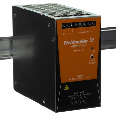 Alimentation pour rail DIN Weidmuller, série PRO MAX, 24V c.c.out 20A, 480W ( Prix pour 1 )