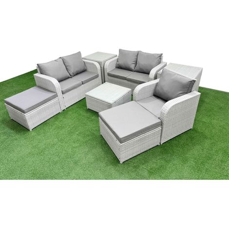 Fimous High Back Poly Rattan Garden Furniture Set with Reclining Chair Loveseat Sofa Square Coffee Table Indoor Outdoor Patio Set 2 Big Stool 2 Side Table Light Grey (1/4)
