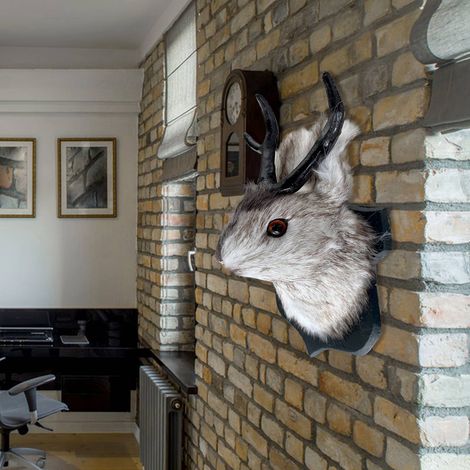 Tête De Lapin - Décoration Murale En Résine - Tête Animale 3D Avec Bois De Cerf - Pour Décoration Intérieure - 1 Pièce