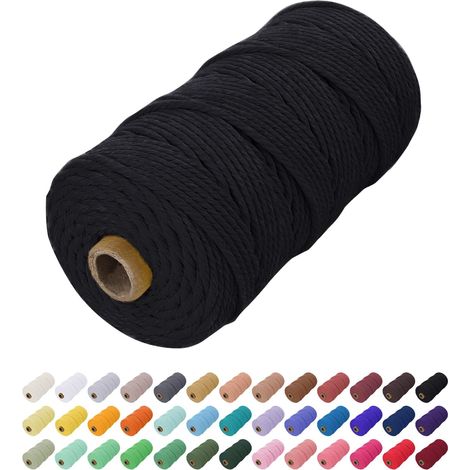 Corde Macramé 2mm x 200m, Fil Macramé Coton Ficelle Cordon Naturelle, Cordelette 2mm pour Tenture Murale, Porte Plante Mural, Rideau, Décoration Bohème (Noir) (1/5)