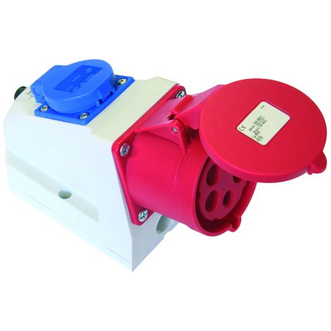 Base combo avec socle de prise Schuko 3P+N+T 16A 380V – Étanche IP44 – Résistance jusqu'à 960° – Pour chantiers humides (1/2)