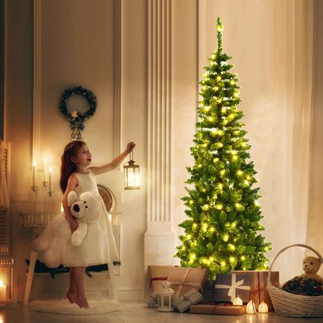 COSTWAY Pre-lit Slim Christmas Tree, Hinged Pencil Xmas Tree with Warm LED Lights, Foldable Metal Stand & Superior PVC Leaves, Holiday Decoration for Home and Shops (6.5FT) (1/5)