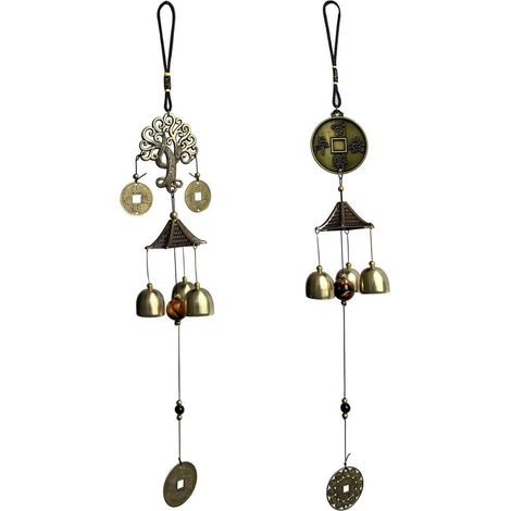 Lot de 2 carillons éoliens Feng Shui en laiton, carillon chinois avec cloches, style arbre de chance