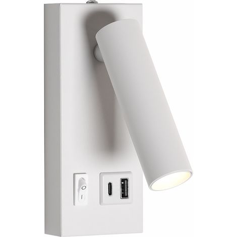 Lampe de Chevet Murale,Liseuse Murale Applique murale rotative à LED 3 W avec chargeur USB Type-C, spot de lecture, éclairage plafond, for chambre coucher(Blanc,Warm Light 3000K,3W)