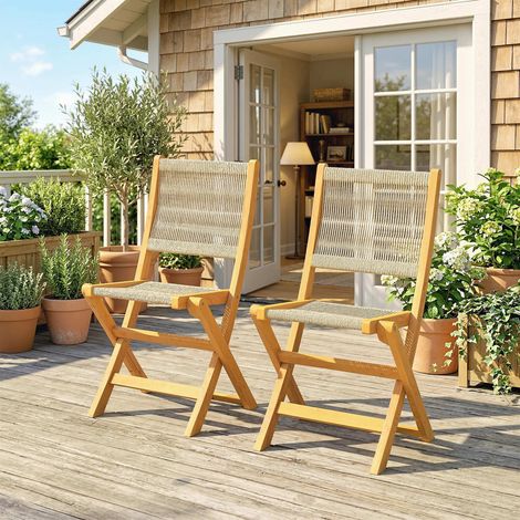 Lot de 2 Chaises de Jardin Pliantes Chaises de Balcon en Bois d'Acacia FSC Assise en Corde Tressée Naturel et Beige