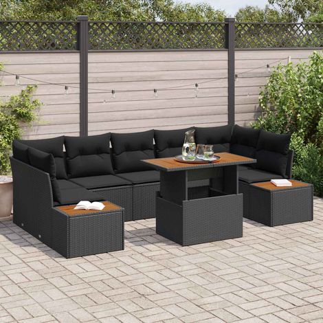 Ensemble canapé de jardin 8 pièces, 7 places, modulable en poly rotin noir avec rangement - PANGIVO (1/5)