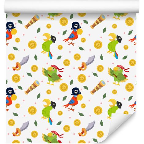Carta da parati con pappagalli, bianca e crema, per soggiorno e camera da letto, 50x1000 cm. (1/5)