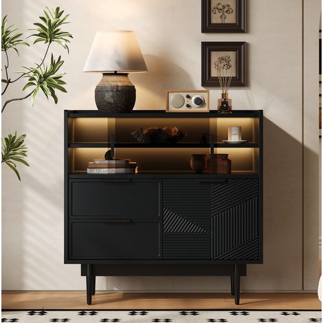 Mueble de almacenaje 80 x 35 x 80 cm con tira LED, puerta de vidrio, negro OKMYHOME (1/5)
