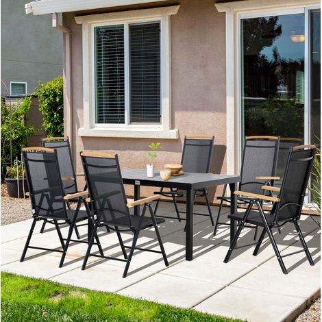 Salon de jardin 140/90/74 cm noir en aluminium avec 1 table et 6 chaises pliantes réglables (1/5)