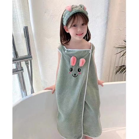 (Vert S) Serviette de bain absorbante pour enfants avec jupe et bandeau, tissu en mélange coton-polyester, rectangulaire. (1/4)