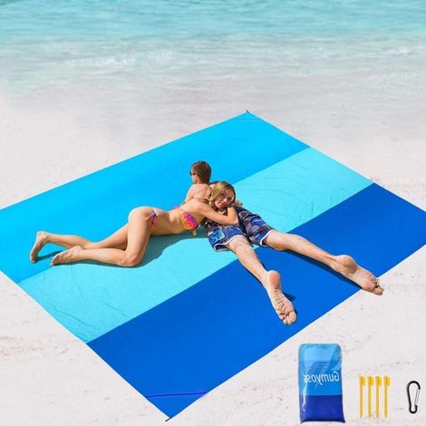 Manta de playa - Manta de picnic - Relájate en la arena - Incluye anclajes para el suelo - 210 x 200 cm - Azul (1/5)