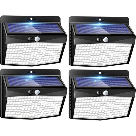 Lampe Solaire Exterieur Detecteur de Mouvement Lot de 4, LED Lumiere Extérieur avec Détecteur, 3 Modes/etanche Spot Solaire, Eclairage Extérieure pour Jardin Murale Garage, Blanc Froid (1/5)