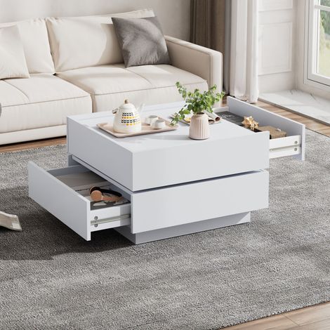 Table basse 60x60x38 cm pivotante à 360°, plateau tournant, avec 2 niveaux d'espace de rangement, blanc (1/5)