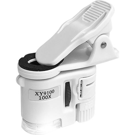 Microscopio universal con clip, lupa de 100x con clip para teléfono, luz LED integrada, detector de billetes UV, compatible con la mayoría de los smartphones. (1/5)