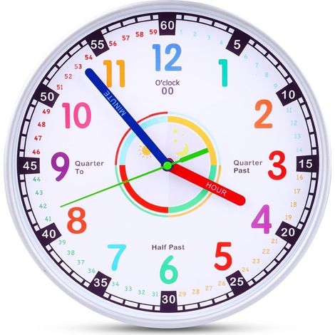 Horloge murale pour enfants sans tic-tac, horloge analogique pour apprendre l'heure, horloge d'apprentissage colorée pour garçons et filles, idéale pour la chambre d'enfant, la cuisine, le salon, la c (1/5)