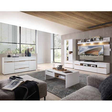 Wohnzimmer Set mit Couchtisch und LED-Beleuchtung, weiß supermatt mit Eiche, 5-teilig - MANRESA-36 (1/5)