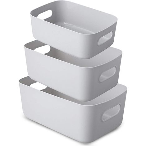 Panier Rangement - PP Blanc Empilable avec Anse - Pour Cuisine Bureau Salle de Bain Chambre - Lot de 3 Tailles