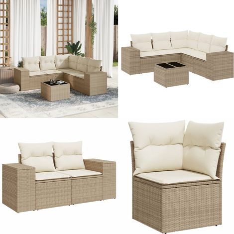 6-tlg. Garten-Sofagarnitur mit Kissen Beige Poly Rattan - Gartenmöbel Set - Esszimmergarnitur - Rattan Möbel - Outdoor Möbel - Lounge Set - Home & Living (1/5)