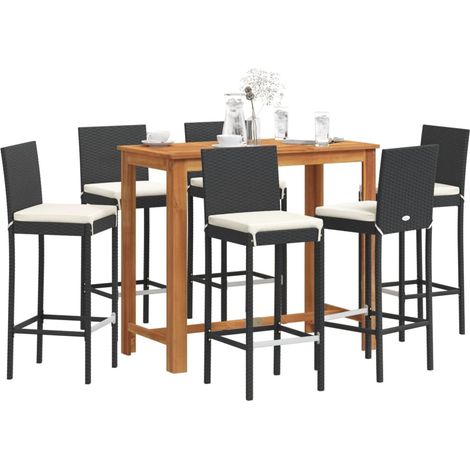 7-tlg. Gartenbar-Set Schwarz Massivholz Akazie und Poly Rattan