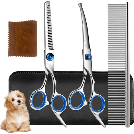 Kit de Toilettage Chien Professionnel 5 en 1, Ciseaux de Toilettage pour Chiens avec Pointe de Sécurité, Ciseaux Courbe, Lisse et Démêlant pour Chiens et Chats (1/5)
