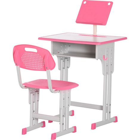 Bureau et chaise pour enfant avec support de lecture casier crochet et porte stylo 60 x 45x 90-102 cm rose (1/5)