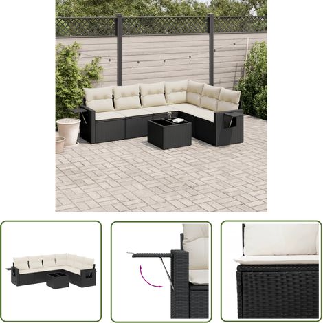 The Living Store Salon de jardin 7 pcs avec coussins noir résine tressée - Ensemble Salon De Jardin - Meuble De Jardin - Résine Tressée - Rotin Synthétique - Table Basse (1/5)
